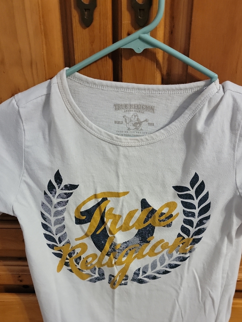 True Religion White Tee with Navy Laurel and Gold Script